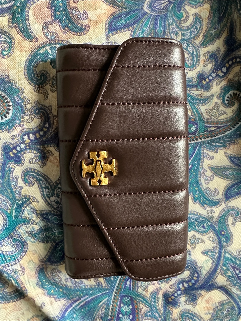 Tory Burch Quilted Phone Wallet in Dark Brown with Gold Logo